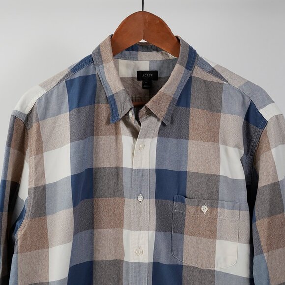 J. Crew Blue, Tan And Cream Large Check Long Sleeve Button Front Shirt, Size XL - Picture 2 of 6